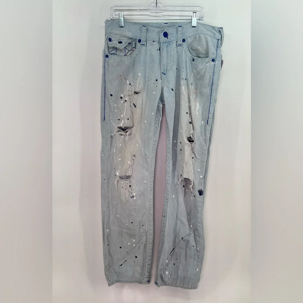 True Religion Light Blue Paint Splatter Acid Wash Straight Leg Jeans 34” x 32”